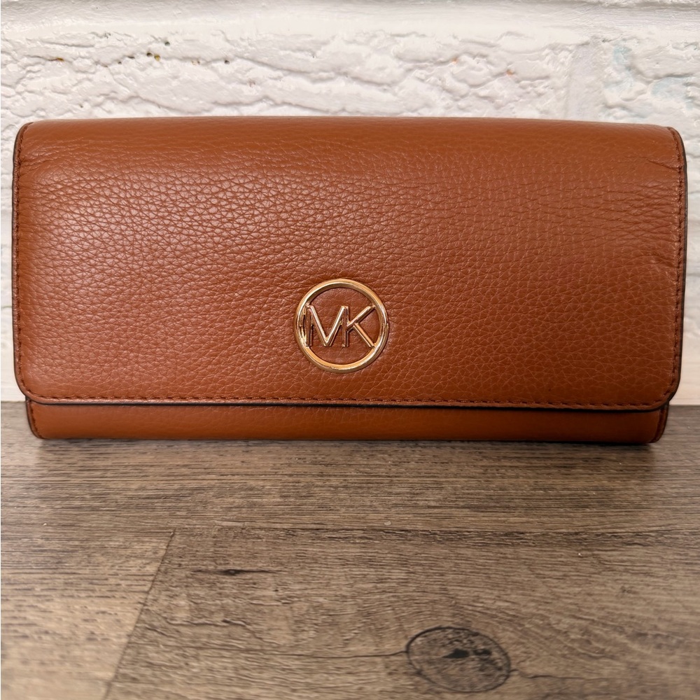 Michael Kors Tan Pebbled Leather Wallet with Gold MK Logo